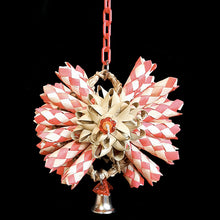 Load image into Gallery viewer, A double sided shredding toy made with bamboo shredders and palm leaf bows on a mini seagrass mat. Hangs on plastic chain with a nickel plated bell. Designed for small to intermediate sized birds. Available in assorted colors.  Measures approx 6&quot; by 10&quot; including chain and link.
