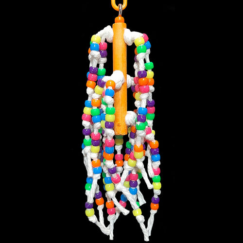 A smaller version of our popular Bead Block! 180 pony beads knotted on cotton strands from a pine wood base. Our experience has shown bead toys help feather pickers and are a great starter for birds that don't know how to play with toys.