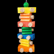 Load image into Gallery viewer, Brightly colored pine wood blocks of different shapes and sizes with corks inserted. Strung on nickel plated chain.  Measures approx 3-1/2&quot; by 14&quot; including link.
