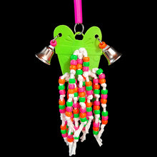 Load image into Gallery viewer, A plastic &quot;gift&quot; toy base with cotton strands filled with pony beads and two nickel plated liberty bells. Designed for small to intermediate birds.
