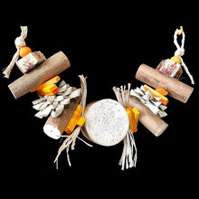 Load image into Gallery viewer, A fun multi-textured shreddable toy made with natural parts your bird is sure to love! Strung on sisal rope are favorites including yucca, sola, palm leaf bows, mini pine slats, raffia, mahogany pod chunks and wood beads. Designed for all small to medium sized birds (lovebirds, cockatiels, conures, quakers, ringnecks, caiques, senegals, mini macaws and bigger birds that like softer textures). Available in assorted color combinations.
