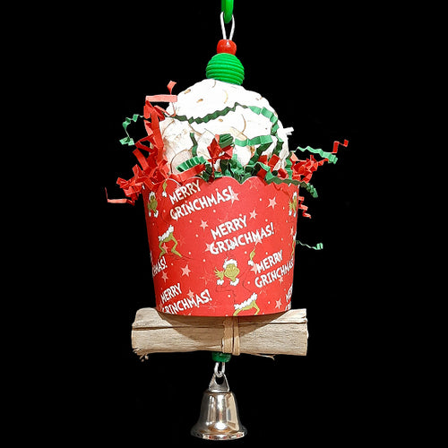 A fun and festive foraging cup toy that can be used to hide your bird's favorite treats! Built on stainless steel wire with a super soft sola ball, banana leaf roll, paper cup, nickel plated bell, beads and lots of crinkly paper shred. Designed for small birds.