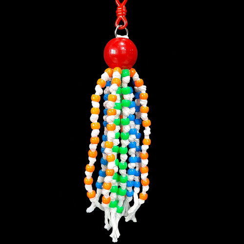 One hundred pony beads individually knotted on cotton strands under a large marbella bead.