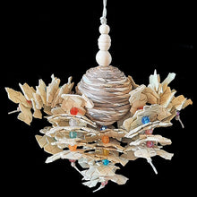 Load image into Gallery viewer, Eight strands of hemp cord filled with crunchy palm leaf shredders and crystal beads on a sola rope ball center. Designed for small to intermediate sized birds.  Measures approx 9&quot; by 10&quot; including link.
