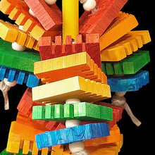 Load image into Gallery viewer, A smaller version of our Timber Falls! Made with 30 brightly colored Busy Beaver slices and wood snap beads strung on jute cord from a pine dowel wood base. Designed for the beaks who prefer thinner, easy to nibble and chew wood pieces.  Measures approx 6&quot; by 9&quot; including link.
