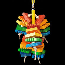 Load image into Gallery viewer, A smaller version of our Timber Falls! Made with 30 brightly colored Busy Beaver slices and wood snap beads strung on jute cord from a pine dowel wood base. Designed for the beaks who prefer thinner, easy to nibble and chew wood pieces.  Measures approx 6&quot; by 9&quot; including link.
