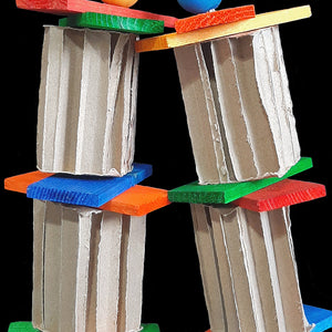 Brightly colored large softwood slats, cardboard honeycomb blocks and wood balls strung on paper twist rope. Designed for intermediate and medium sized birds that prefer softer textures as well as rabbits, rats and other rodents that need to chew.