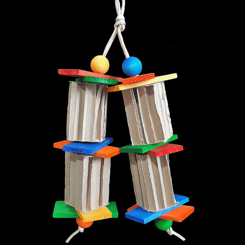Brightly colored large softwood slats, cardboard honeycomb blocks and wood balls strung on paper twist rope. Designed for intermediate and medium sized birds that prefer softer textures as well as rabbits, rats and other rodents that need to chew.